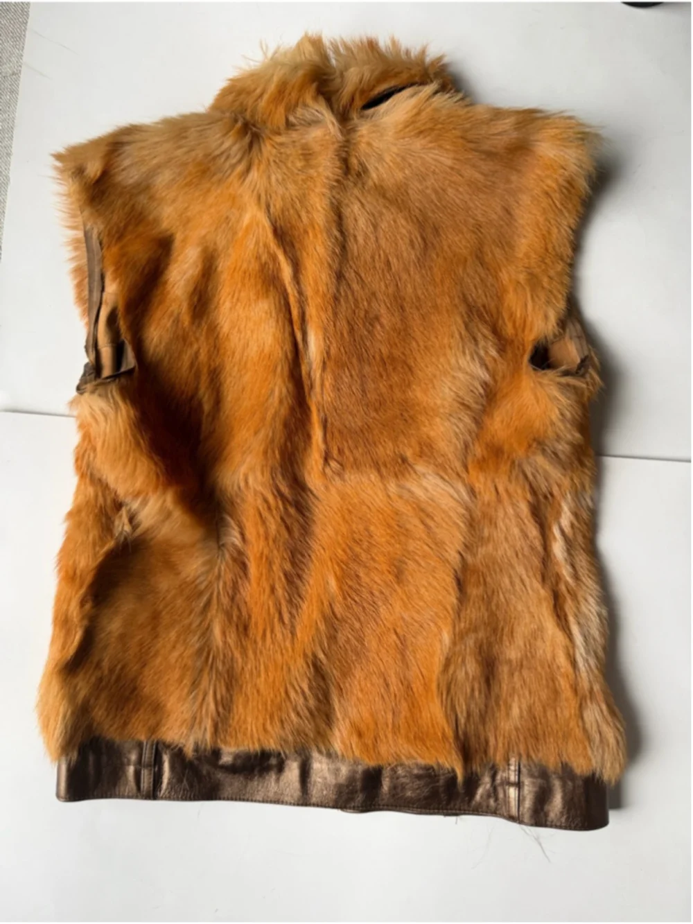 Vintage Genuine Fur Leather Trim Vest Brown Caramel Statement Gilet